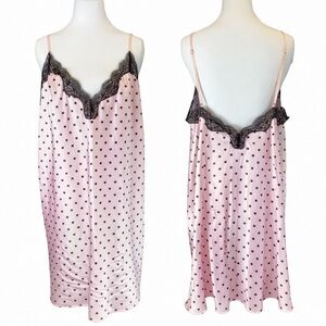 Victoria’s Secret Satin Polka Dot Lace Chemise Slip Pink Black XL NEW